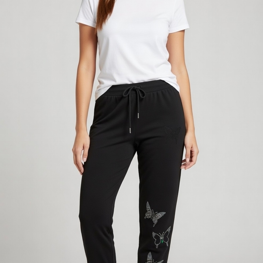 Black Women's Drawstring Joggers with Rhinestone Butterfly Detail Bin 09